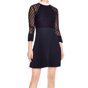 Sandro Navy Blue Lace Pleated Silk Dress